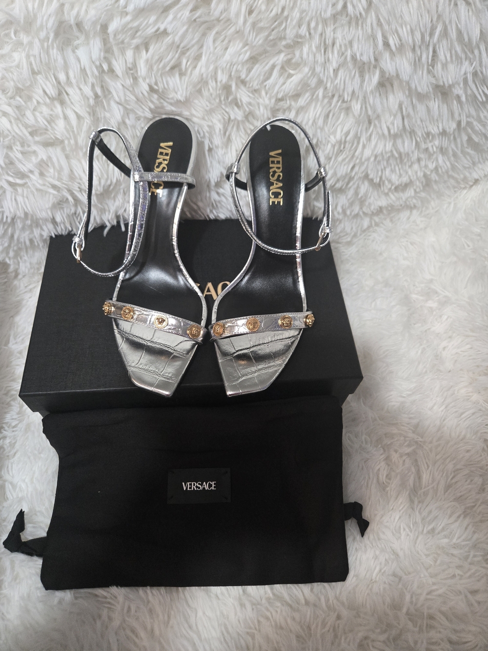 Versace Silver Metallic Medusa Strap Sandals